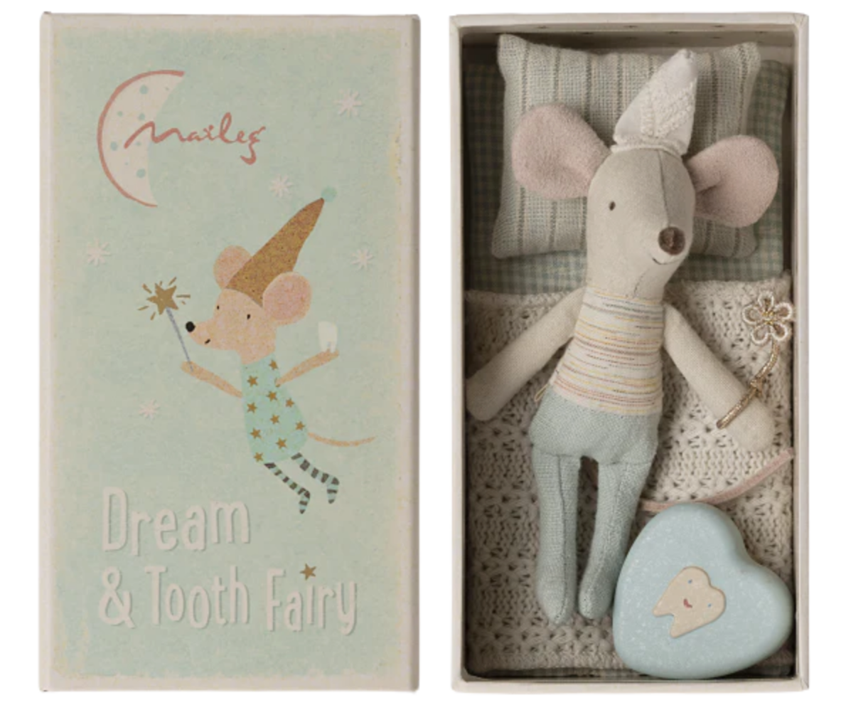 MAILEG LITTLE BROTHER TOOTH FAIRY MOUSE IN MATCHBOX - LT BLUE - Little-ish