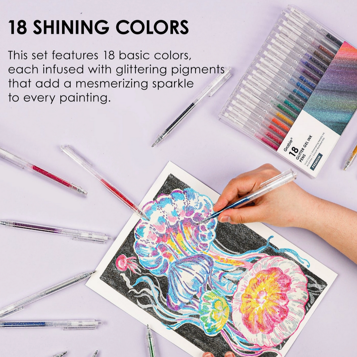 RETRACTABLE GLITTER GEL PENS - 18 SET
