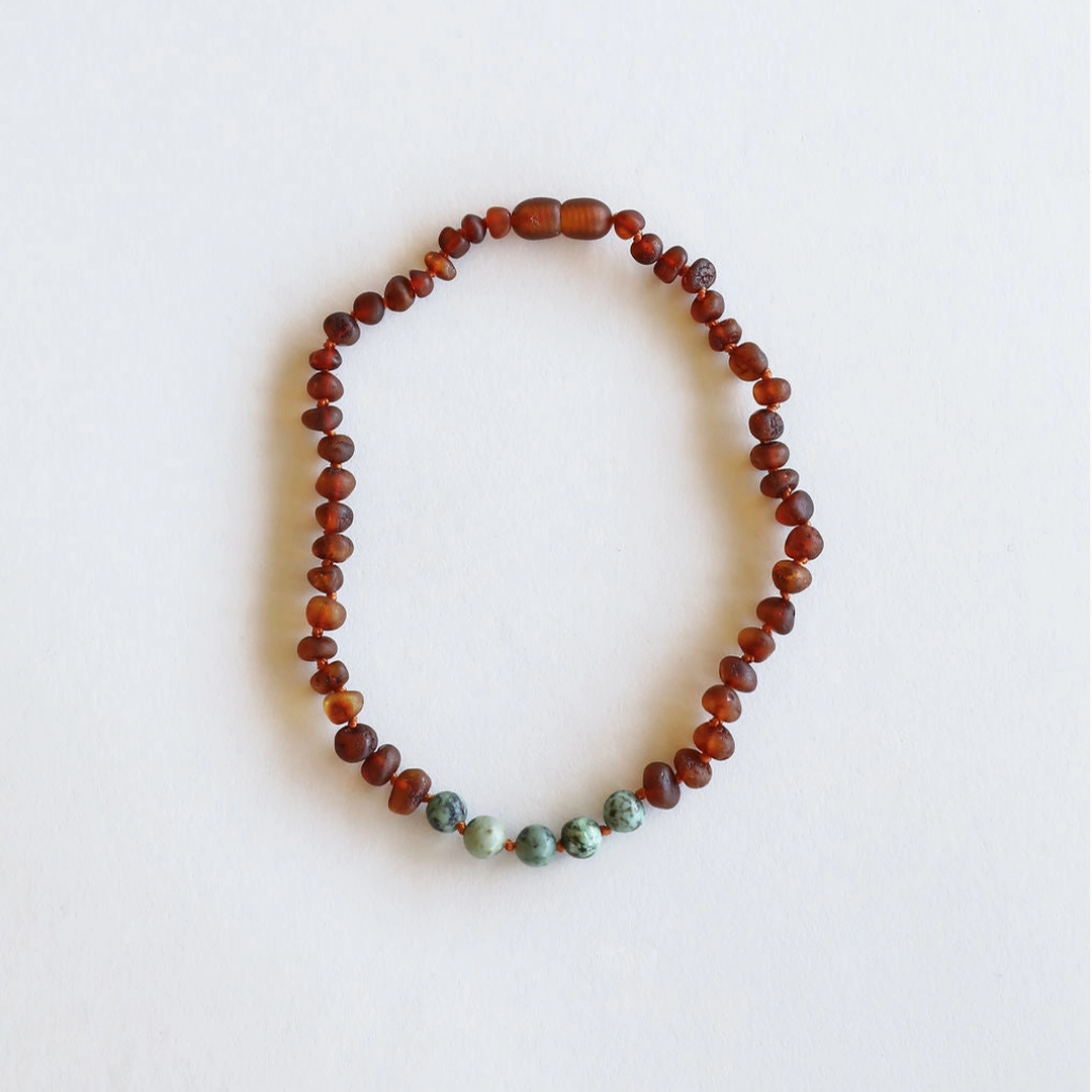 RAW COGNAC BALTIC AMBER + TURQUOISE JASPER NECKLACE - Little-ish