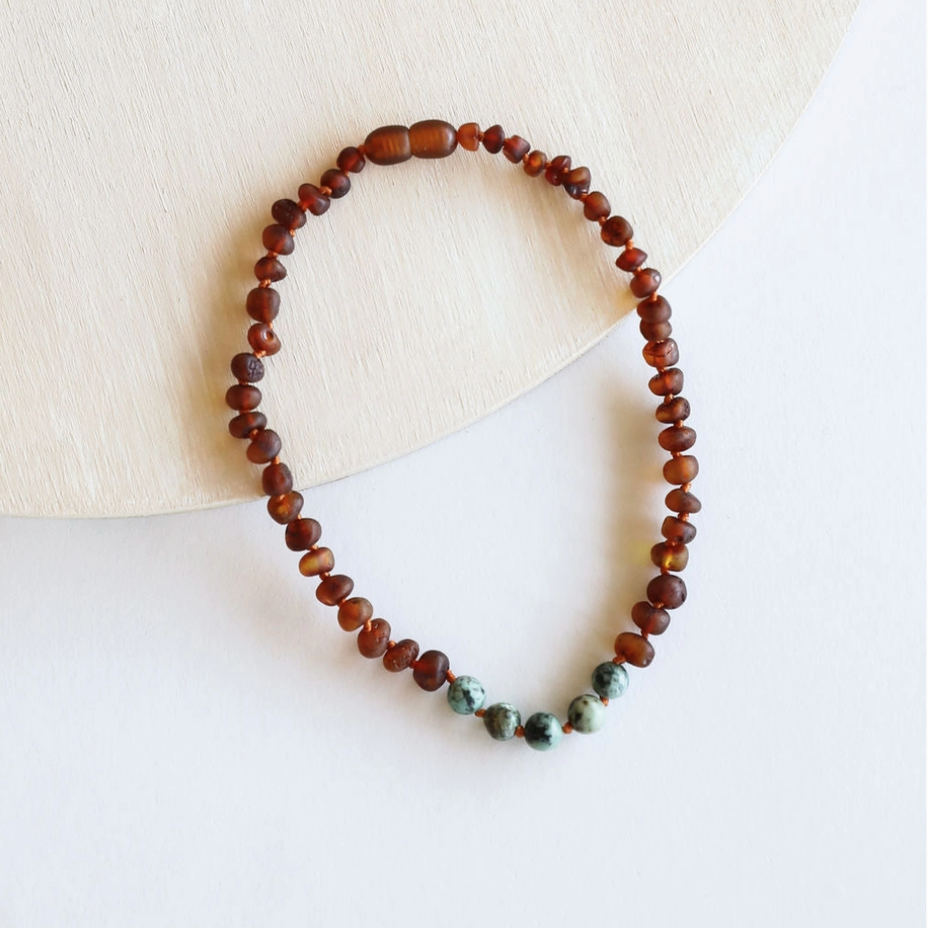 RAW COGNAC BALTIC AMBER + TURQUOISE JASPER NECKLACE