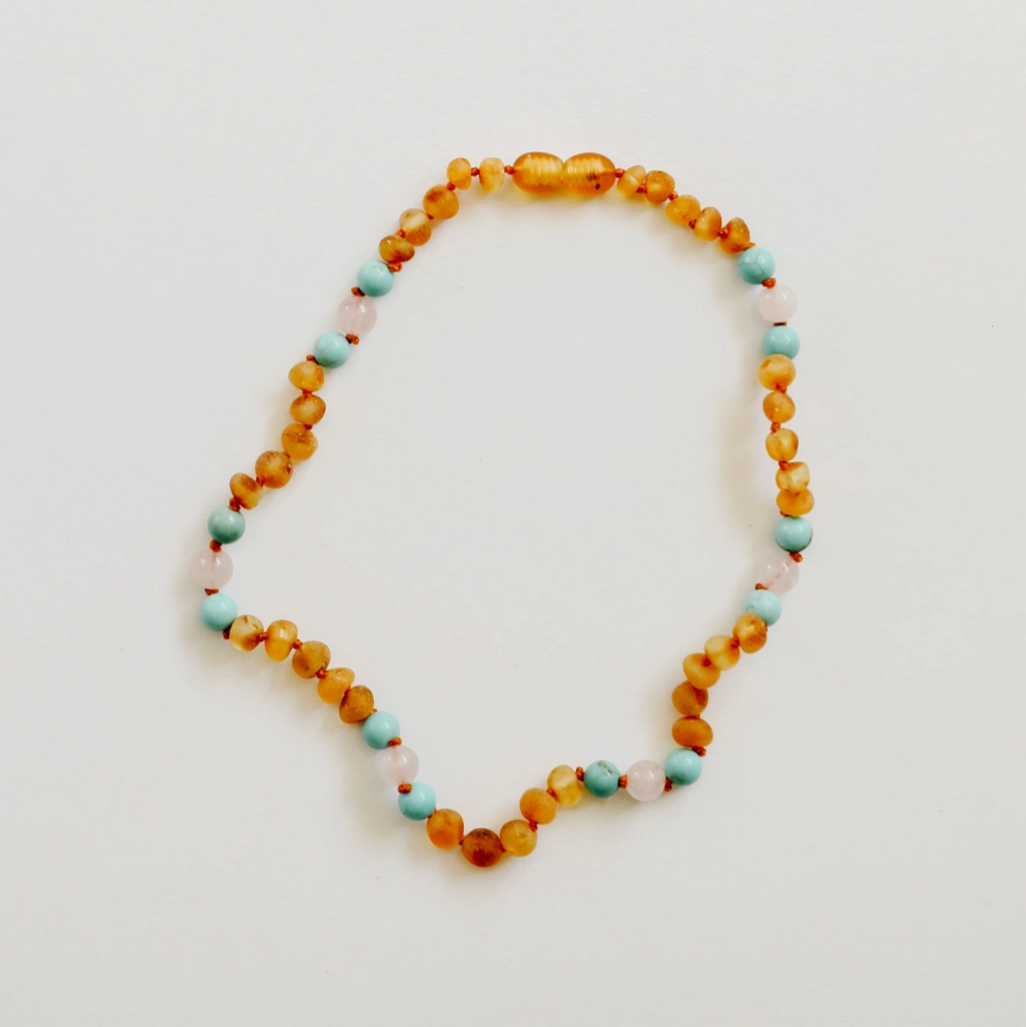 RAW HONEY BALTIC AMBER + TURQUOISE + ROSE QUARTZ NECKLACE - Little-ish