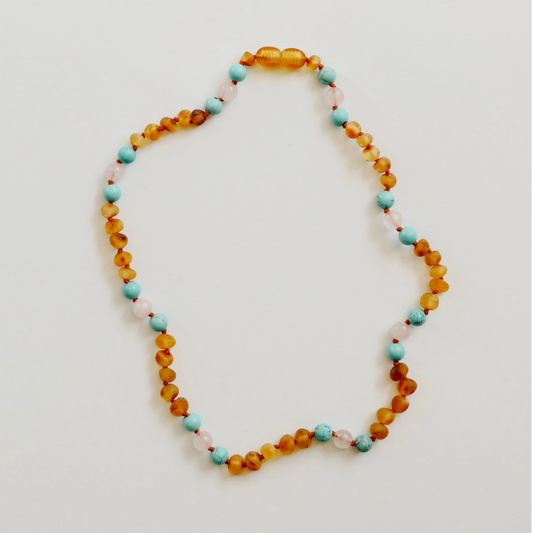 RAW HONEY BALTIC AMBER + TURQUOISE + ROSE QUARTZ NECKLACE