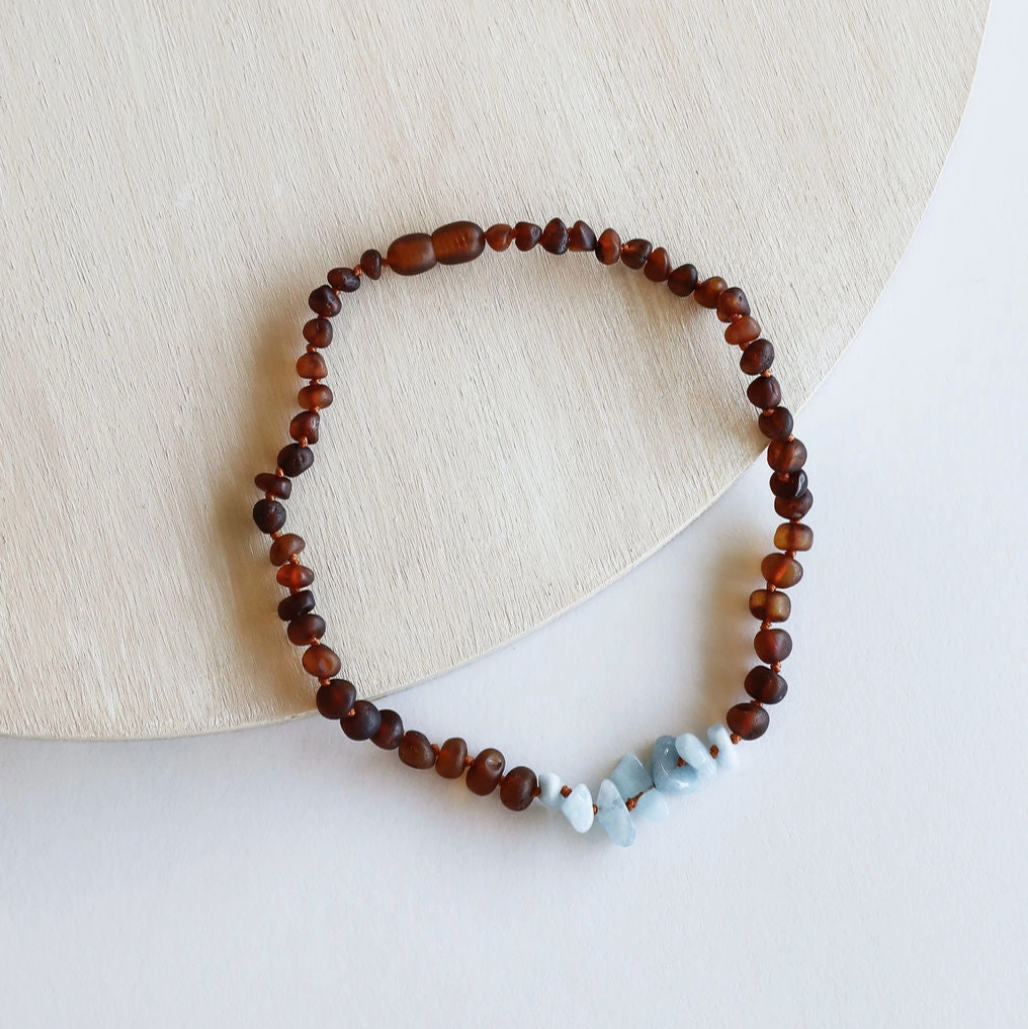 RAW COGNAC BALTIC AMBER + AQUAMARINE NECKLACE - Little-ish