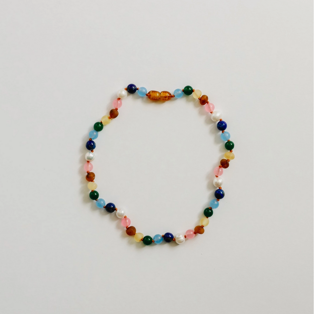 RAW BALTIC AMBER + PEARL + PINK GEMSTONES NECKLACE - Little-ish