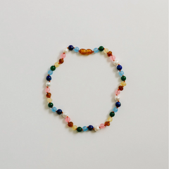 RAW BALTIC AMBER + PEARL + PINK GEMSTONES NECKLACE