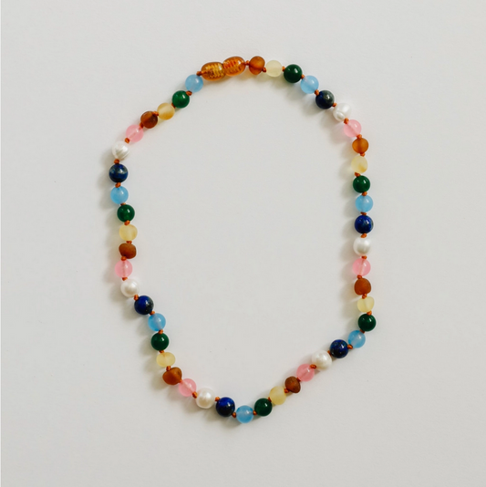 RAW BALTIC AMBER + PEARL + PINK GEMSTONES NECKLACE