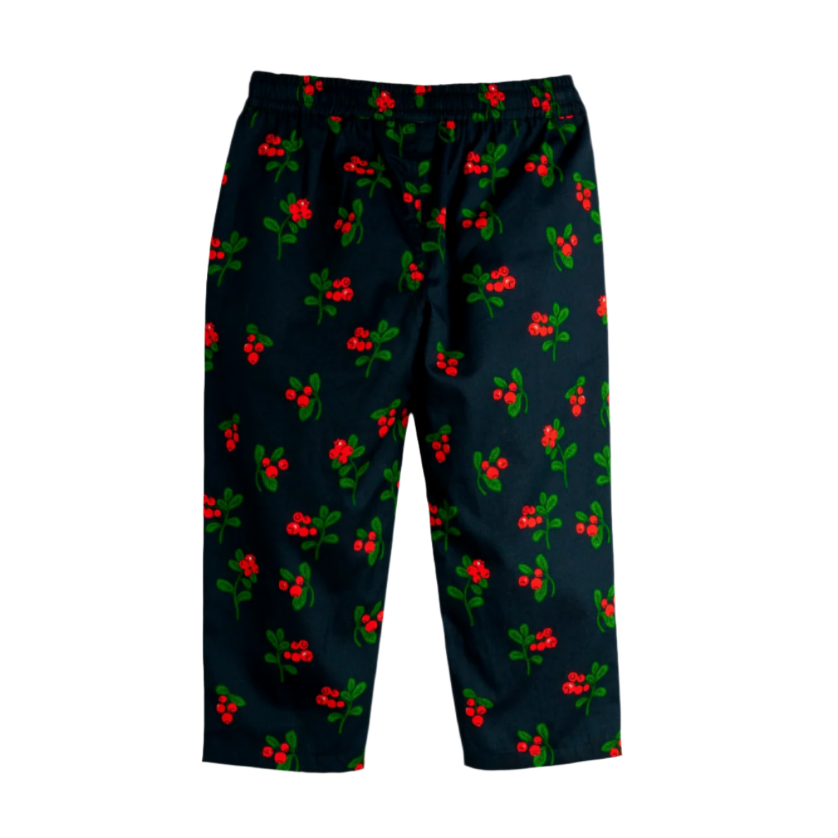 Navy blue pants with red and green berry pattern on a white background - Little-ish