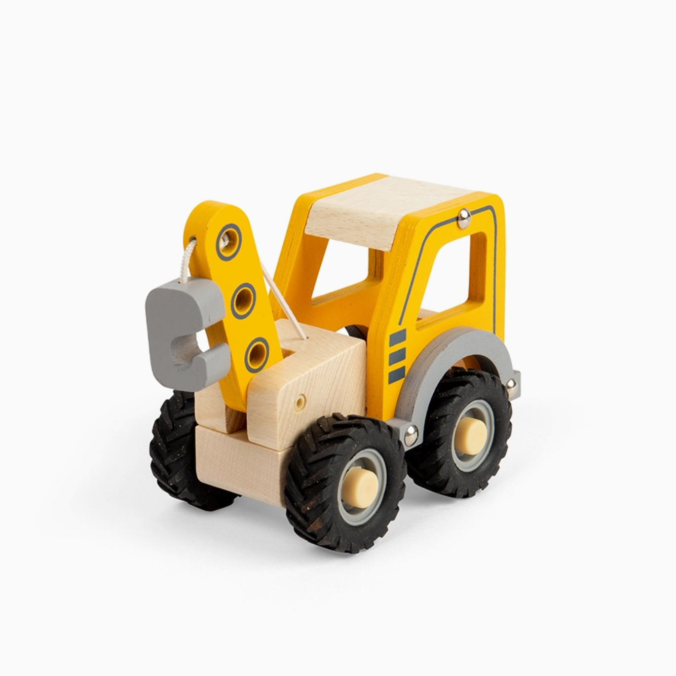 Toy bulldozer with yellow and beige colors on a white background
