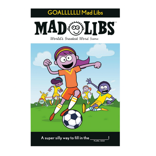 Mad Libs book cover with cartoon characters playing soccer on a grassy field.