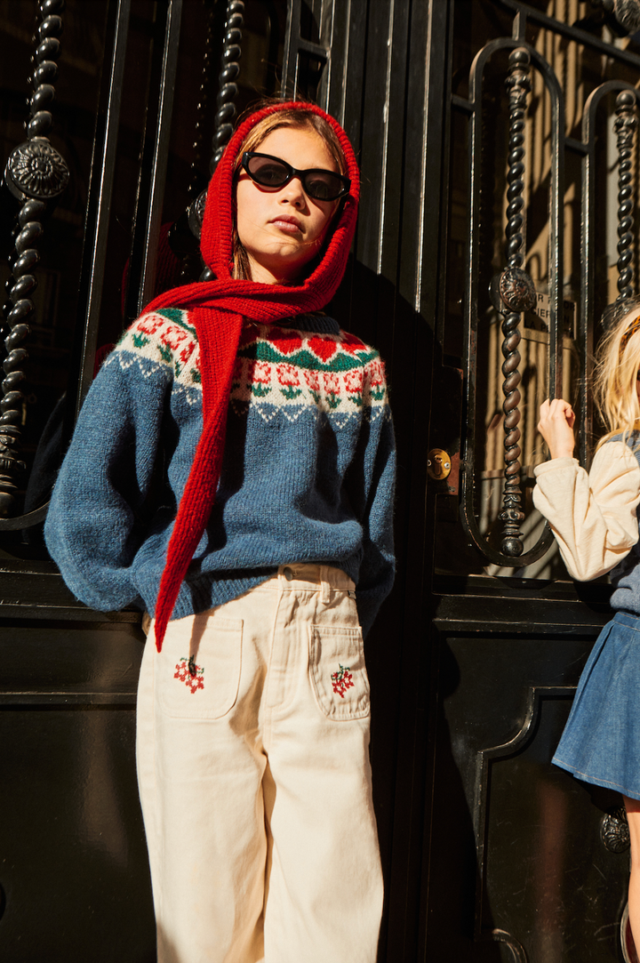Person wearing a blue sweater with a red scarf and sunglasses, standing in front of a black metal gate.