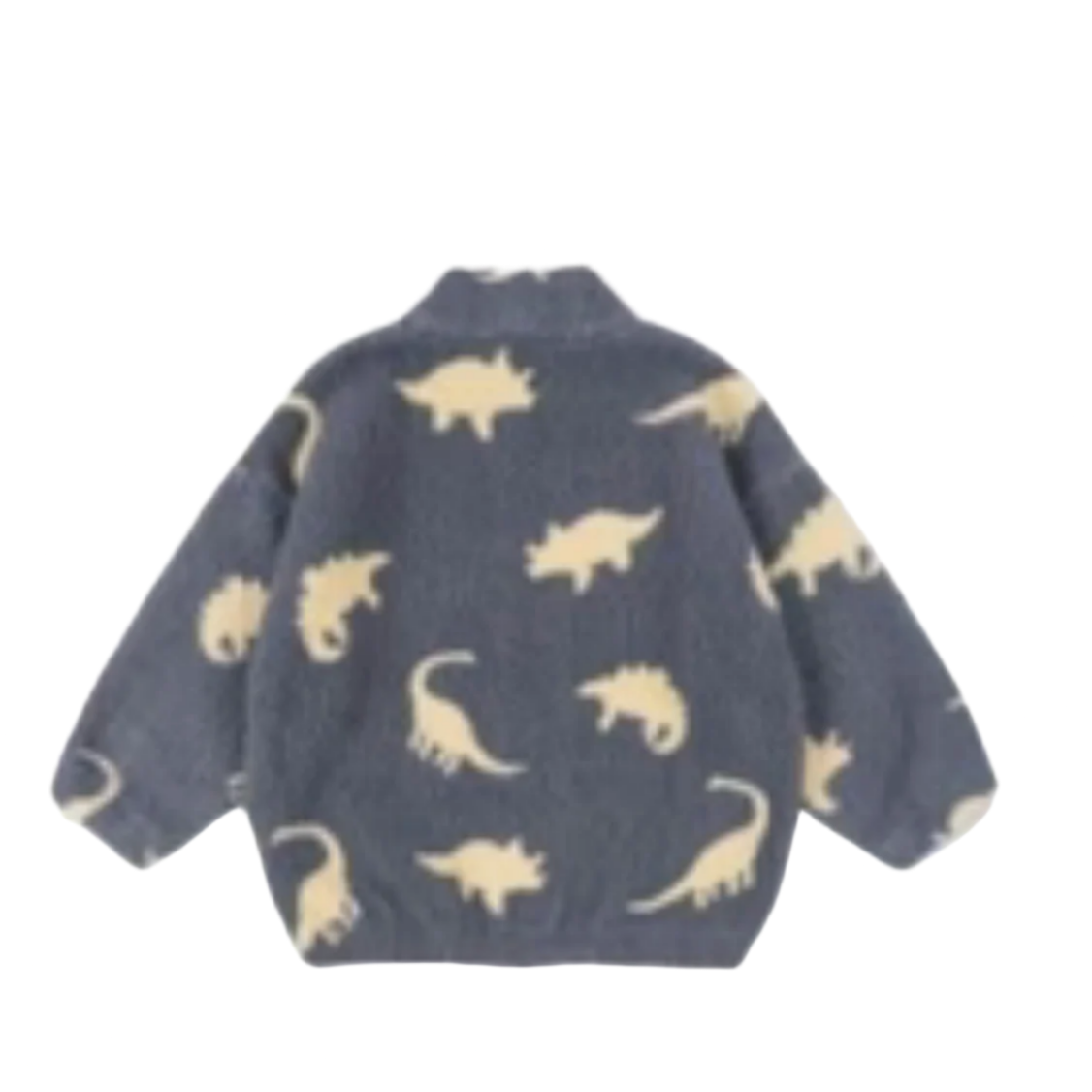 Blue fleece jacket with beige dinosaur patterns on a white background - Little-ish