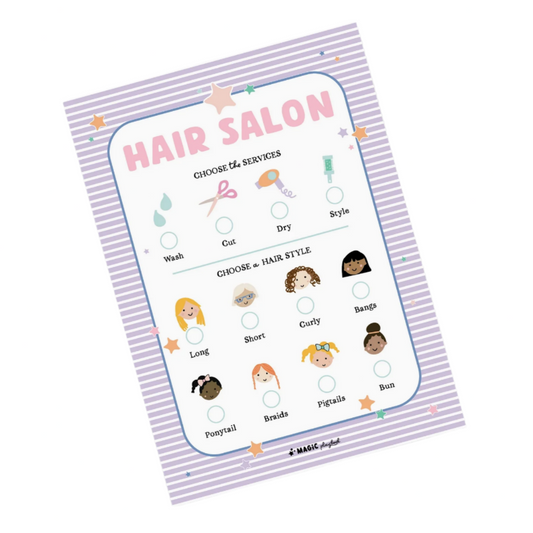 Children's game board titled 'Hair Salon' with illustrations of hairstyles on a white background.