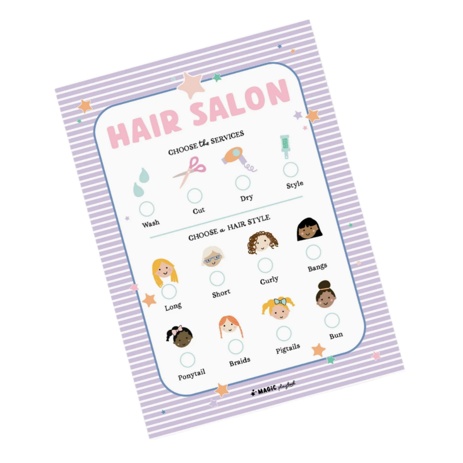 Children's game board titled 'Hair Salon' with illustrations of hairstyles on a white background. - Little-ish