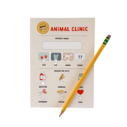 Notebook titled 'Animal Clinic' with a pencil on a white background