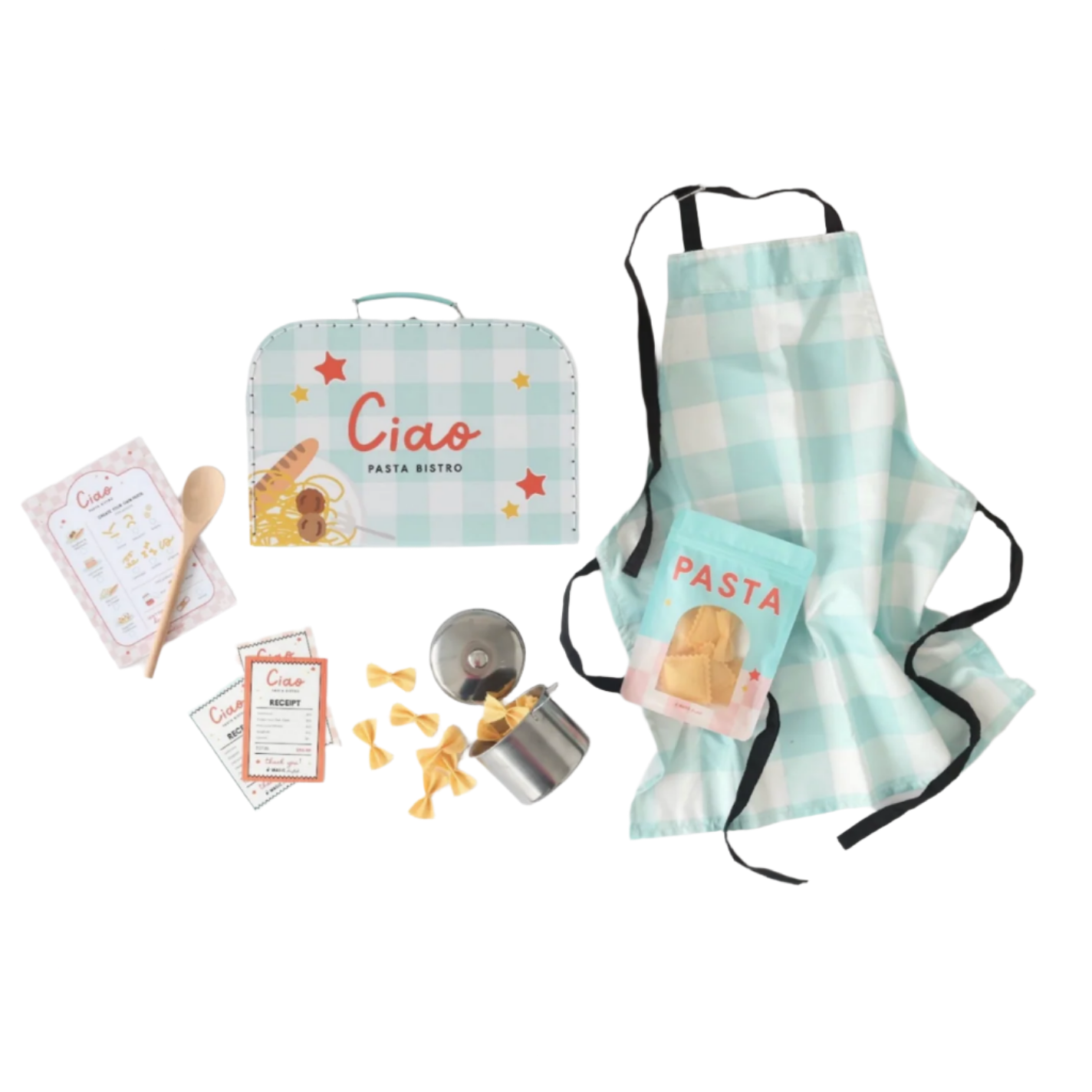 Children's apron with 'Ciao Pasta Ristoro' design, small bag, and play food items on a white background - Little-ish