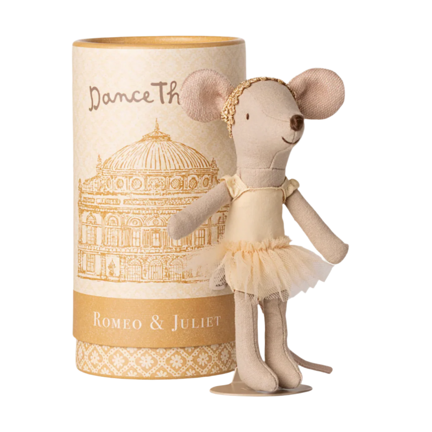 Stuffed mouse toy in a ballet outfit with a decorative cylindrical box on a light background - Little-ish