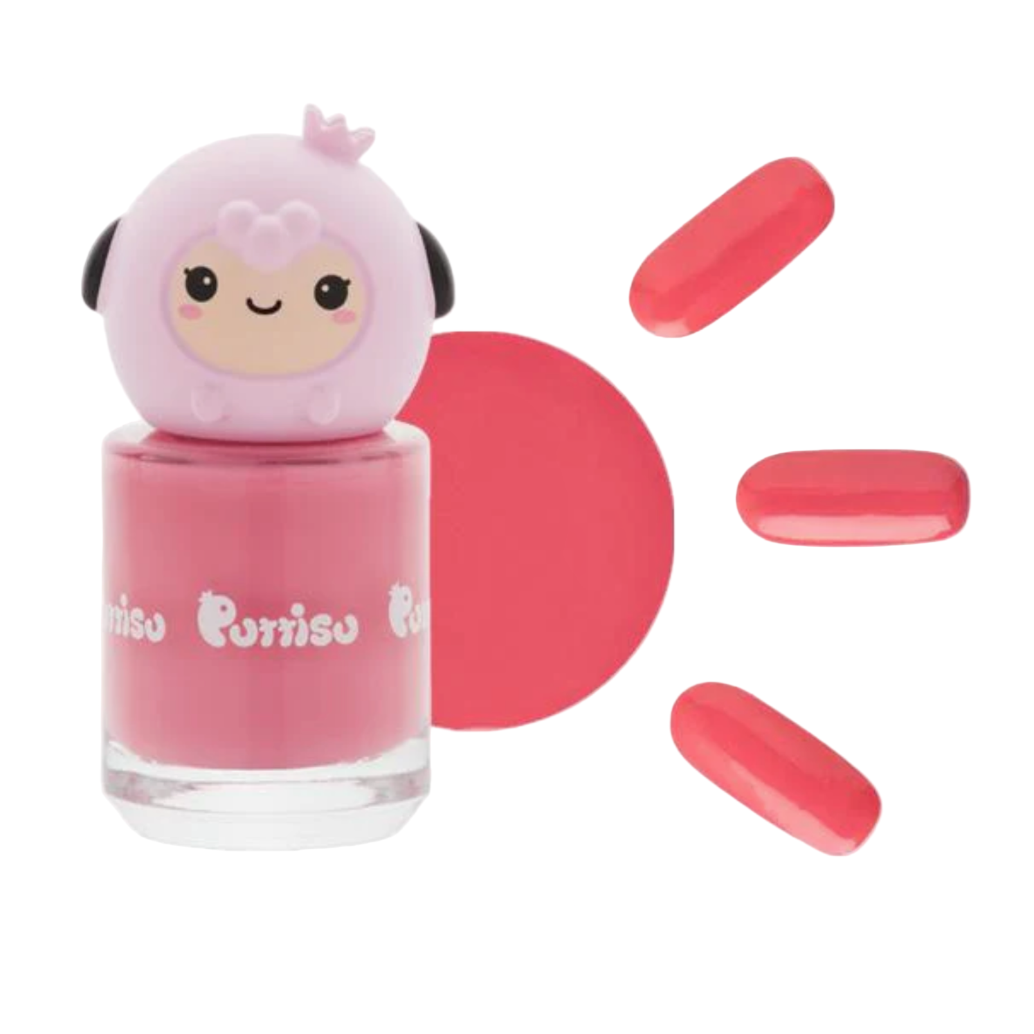 Pink nail polish bottle with a cartoon character on top, surrounded by pink nail samples. - Little-ish