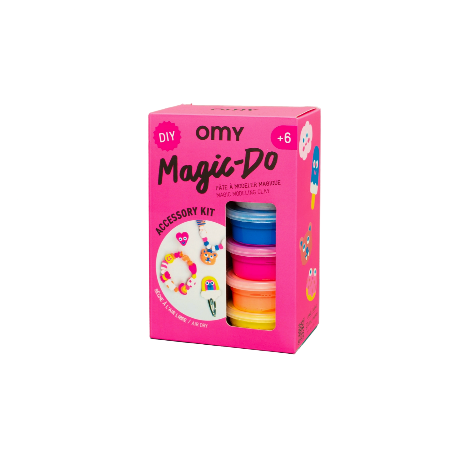 Pink packaging of OMY Magic-Do accessory kit with colorful bands on a white background - Little-ish