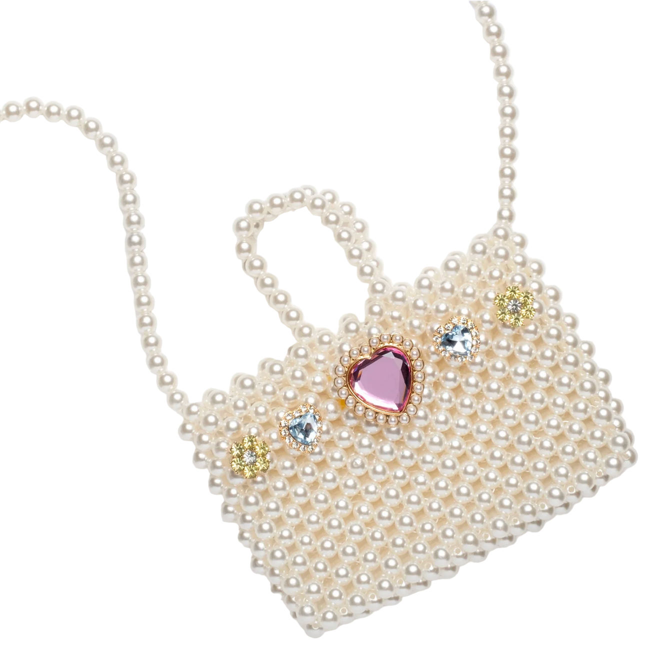 Heart-shaped pearl handbag with decorative gems on a white background - Little-ish