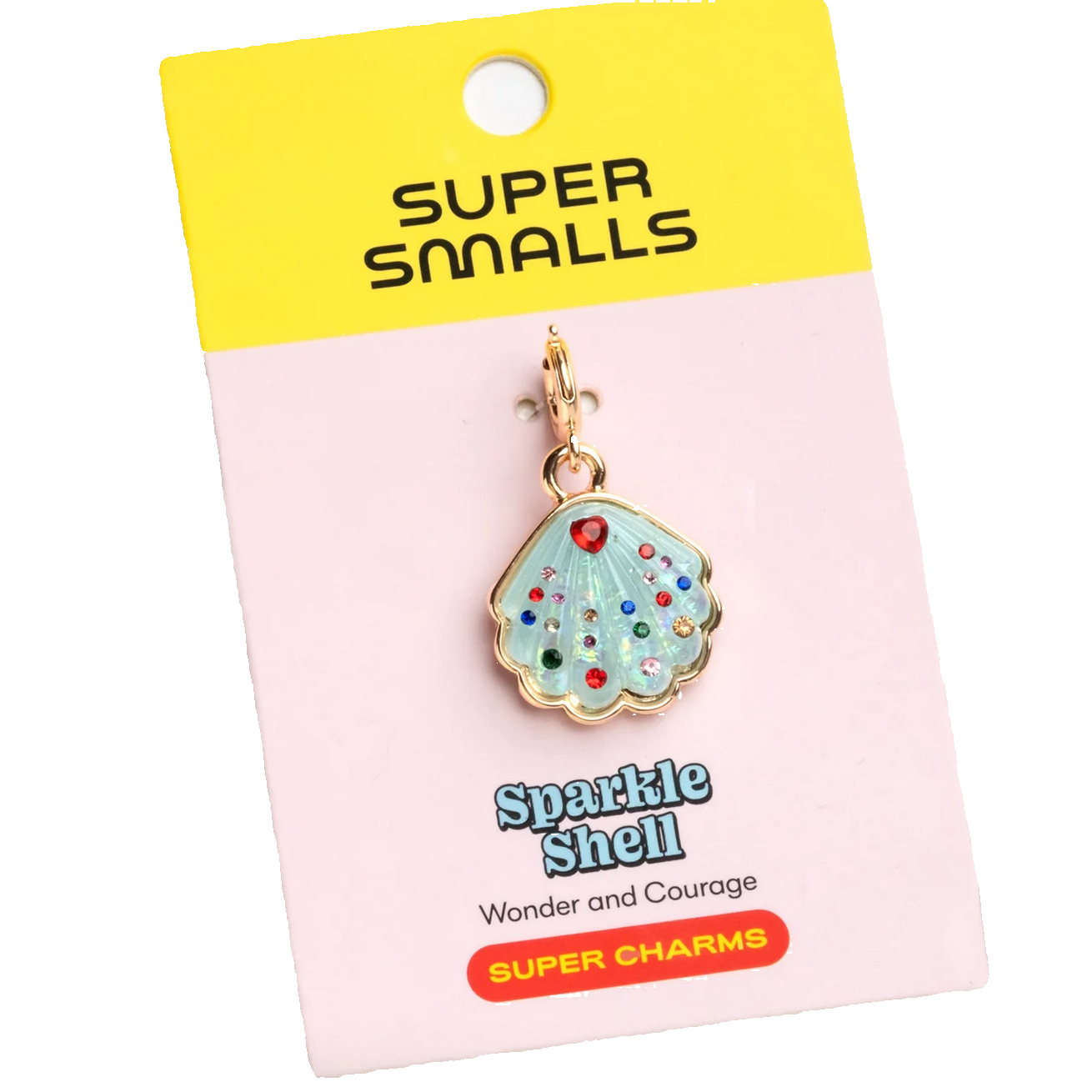 Seashell charm on a 'Super Smalls' branded card with a yellow top section. - Little-ish