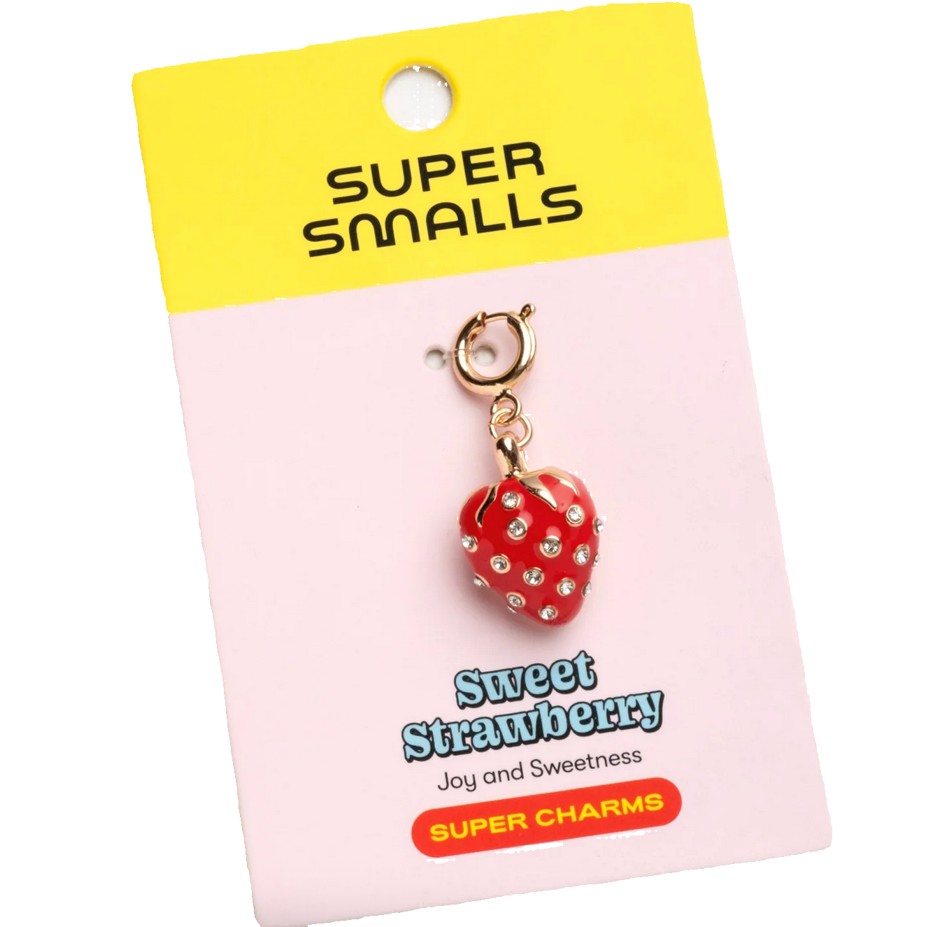 Strawberry charm on a 'Super Smalls' branded card with a yellow top and pink bottom. - Little-ish