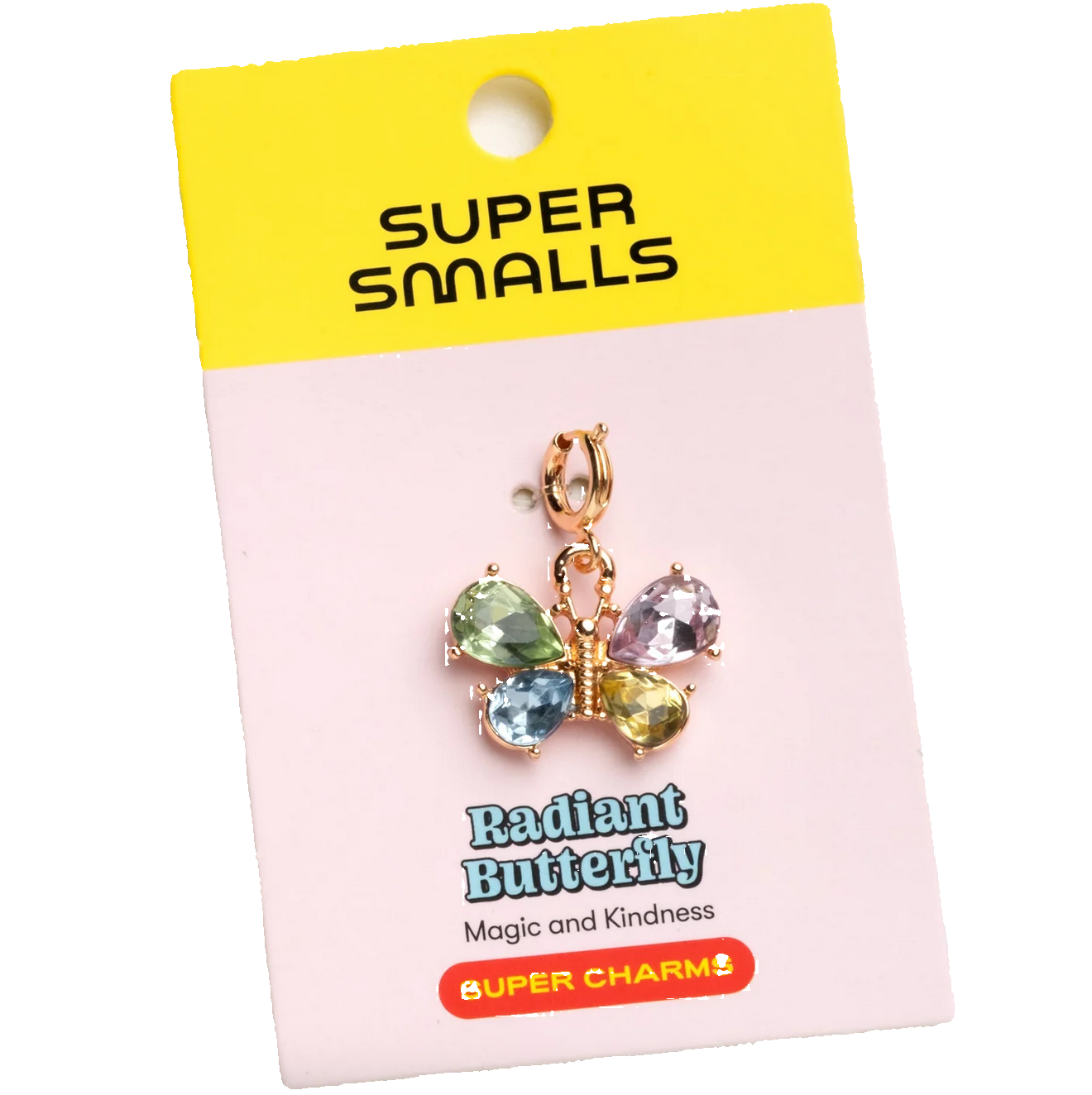 Butterfly charm on a 'Super Smalls' branded card with a yellow top section. - Little-ish