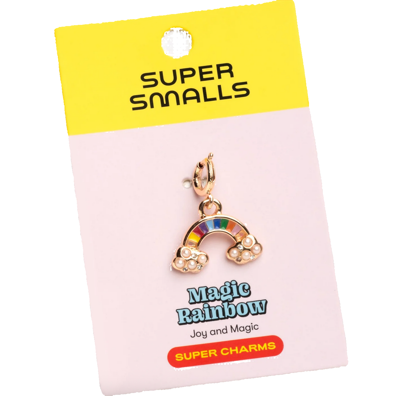 Super Smalls rainbow charm on a pink card with yellow top - Little-ish