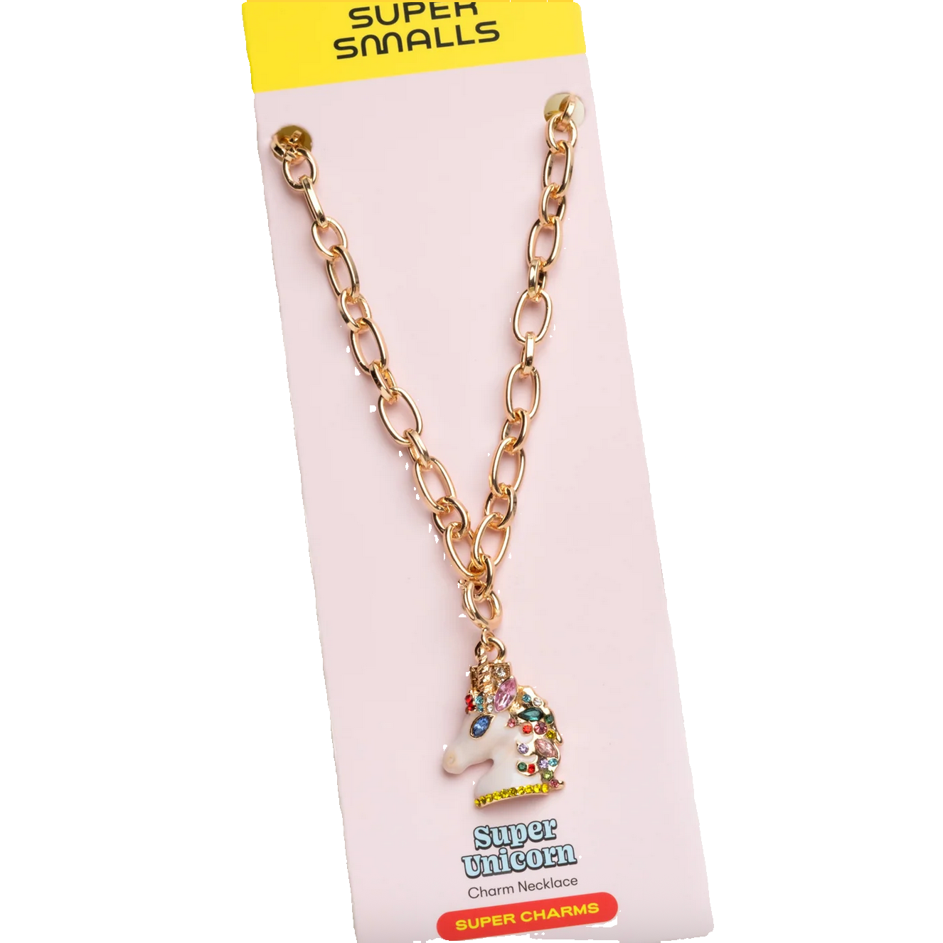 Gold chain necklace with a unicorn charm on a pink card labeled 'Super Smalls'. - Little-ish