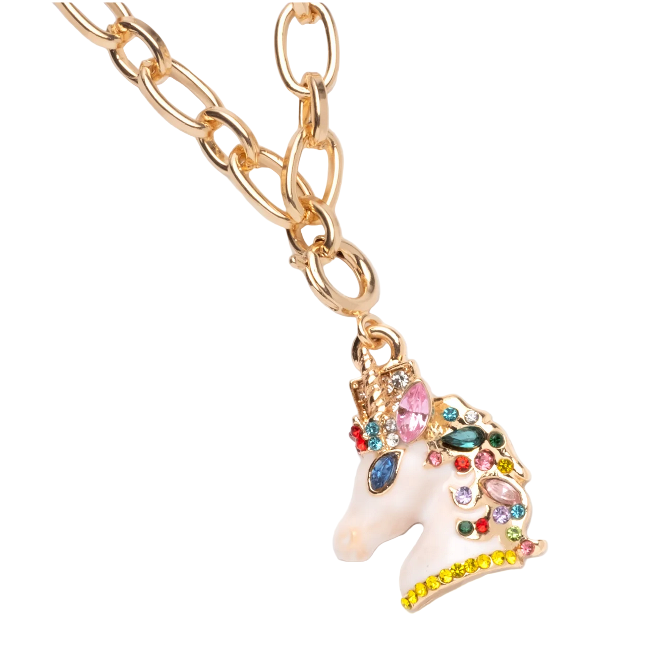 Unicorn-shaped keychain with colorful gemstones on a gold chain against a white background - Little-ish