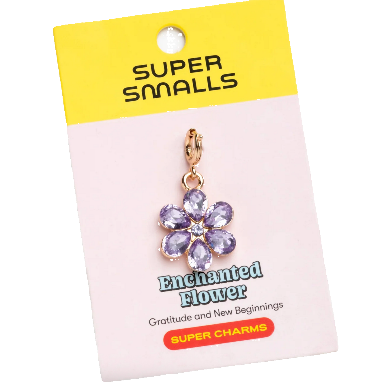 Super Smalls Enchanted Flower charm on a branded card with purple stones and gold accents. - Little-ish