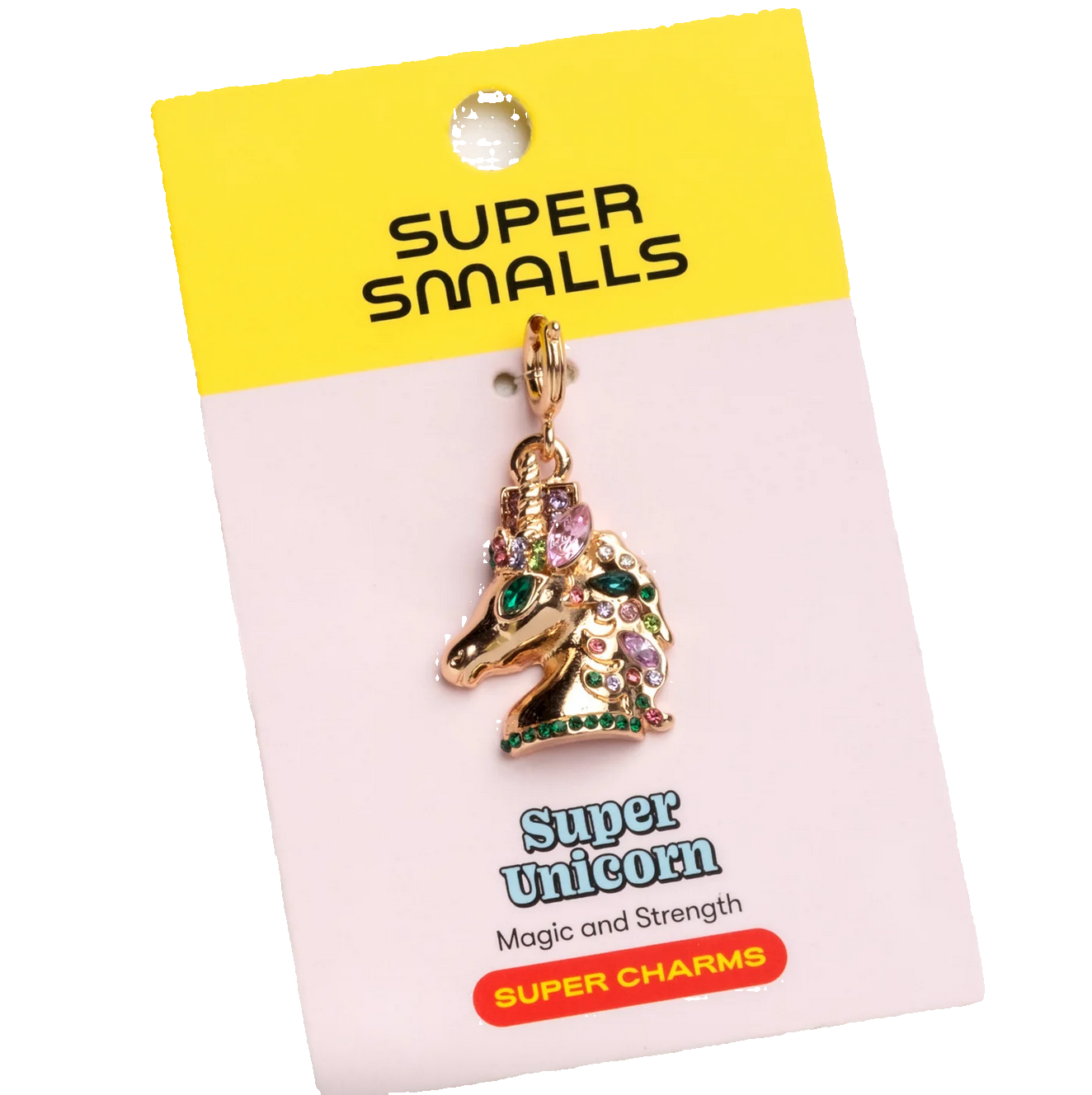 Gold unicorn charm on a 'Super Smalls' branded card with a yellow top section. - Little-ish