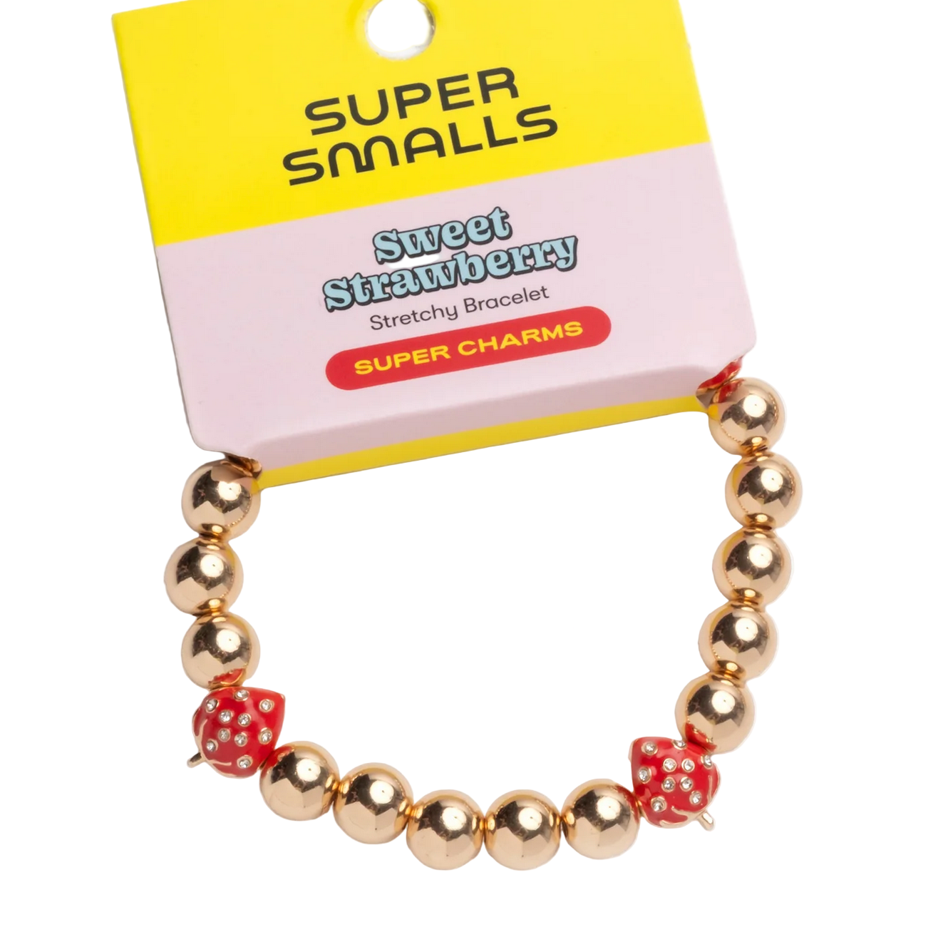 Gold stretchy bracelet with strawberry charms on a 'Super Smalls' branded card. - Little-ish