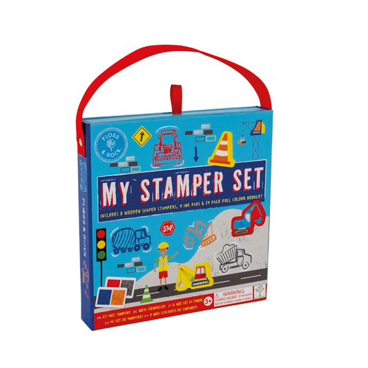 Box of 'My Stamper Set' with colorful design and red handle on a white background