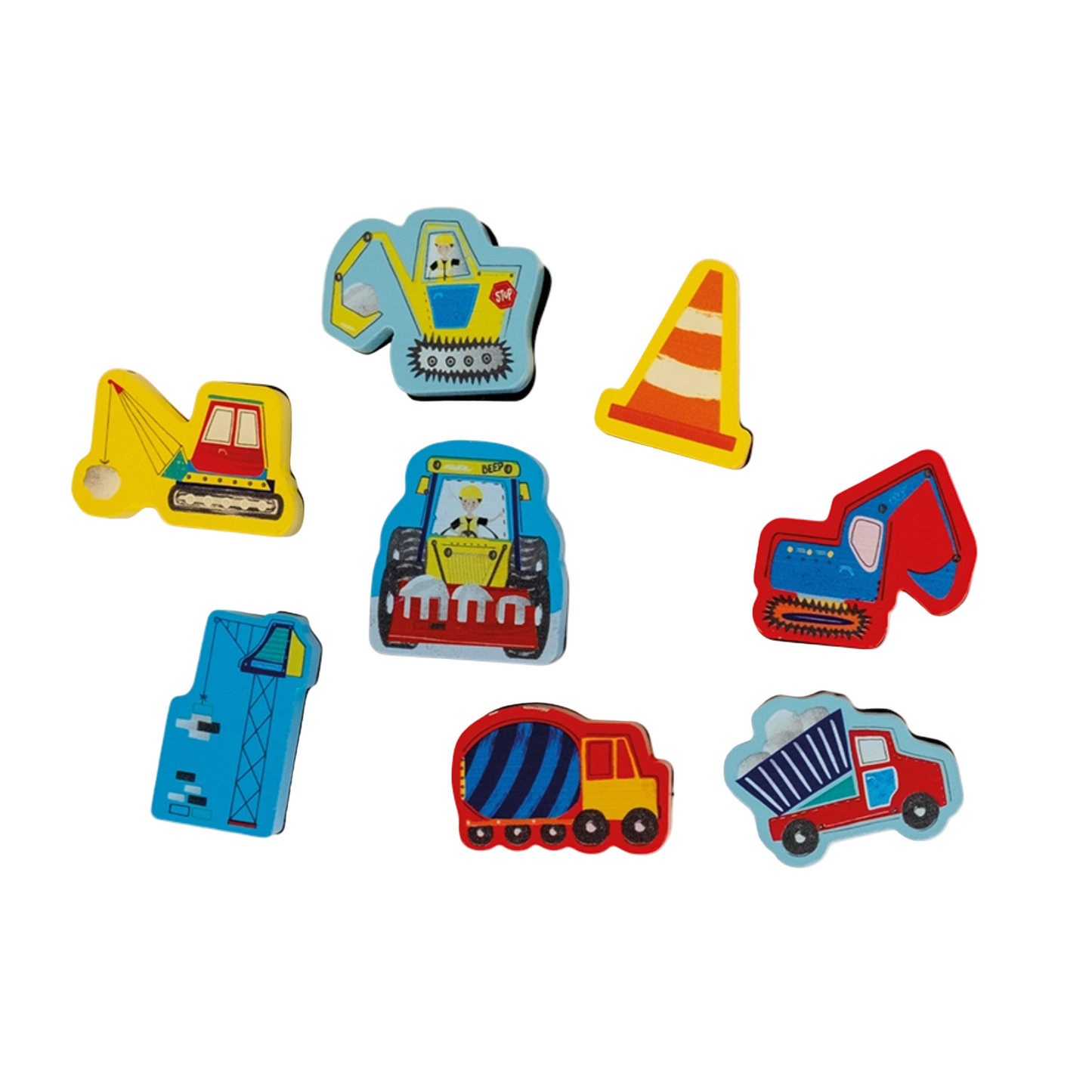 Colorful construction-themed magnets on a white background