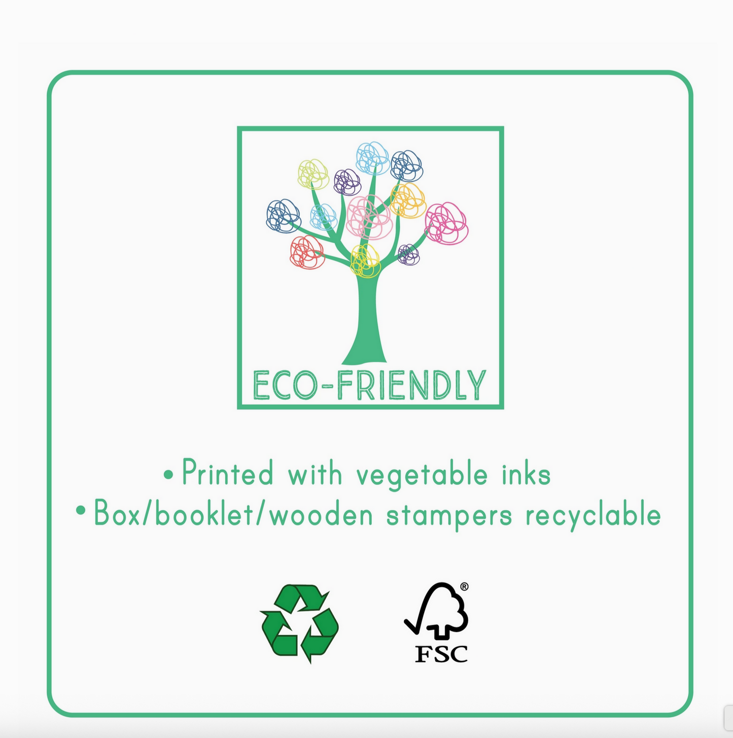 Eco-friendly product label with tree graphic, text, and recycling symbols on a white background.