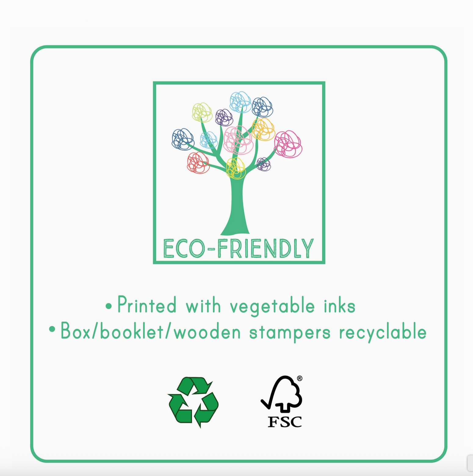 Eco-friendly product label with tree graphic, text, and recycling symbols on a white background.
