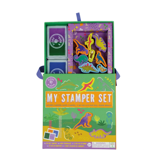 Children's stamp set with colorful stamps and a green box on a white background
