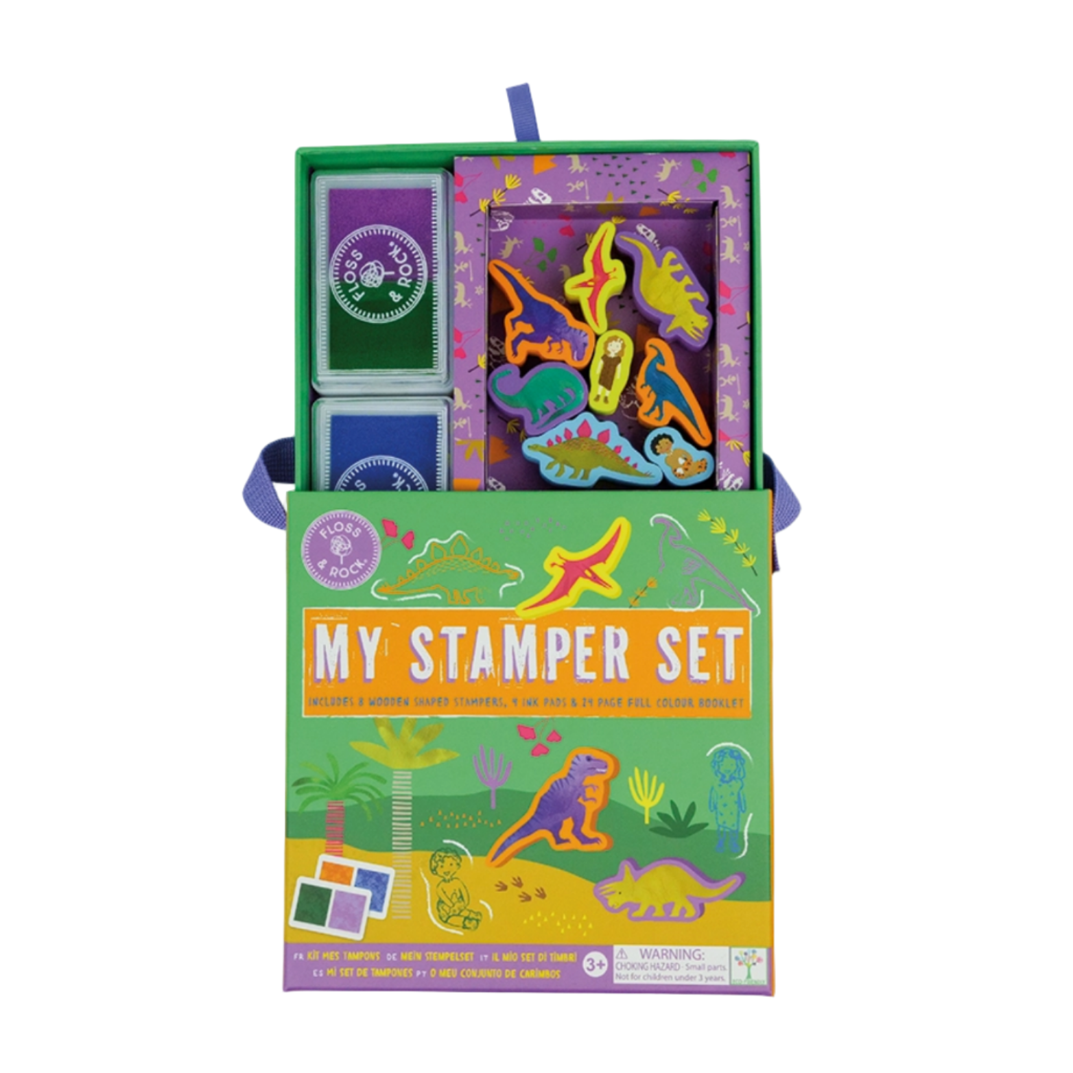 Children's stamp set with colorful stamps and a green box on a white background - Little-ish