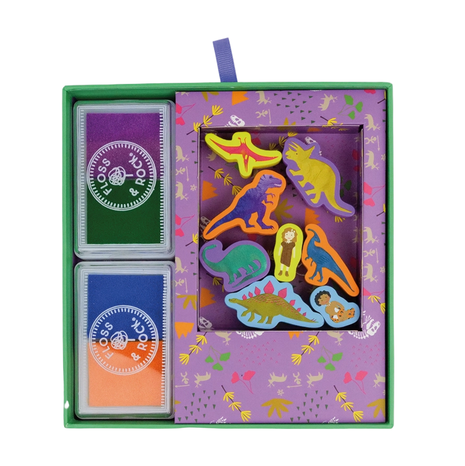 Set of dinosaur-themed playing cards in a decorative box with colorful designs.