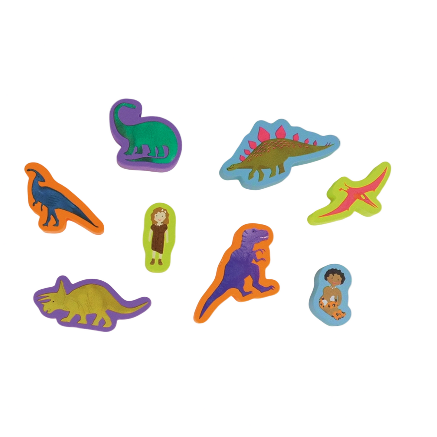 Colorful dinosaur and monkey stickers on a white background