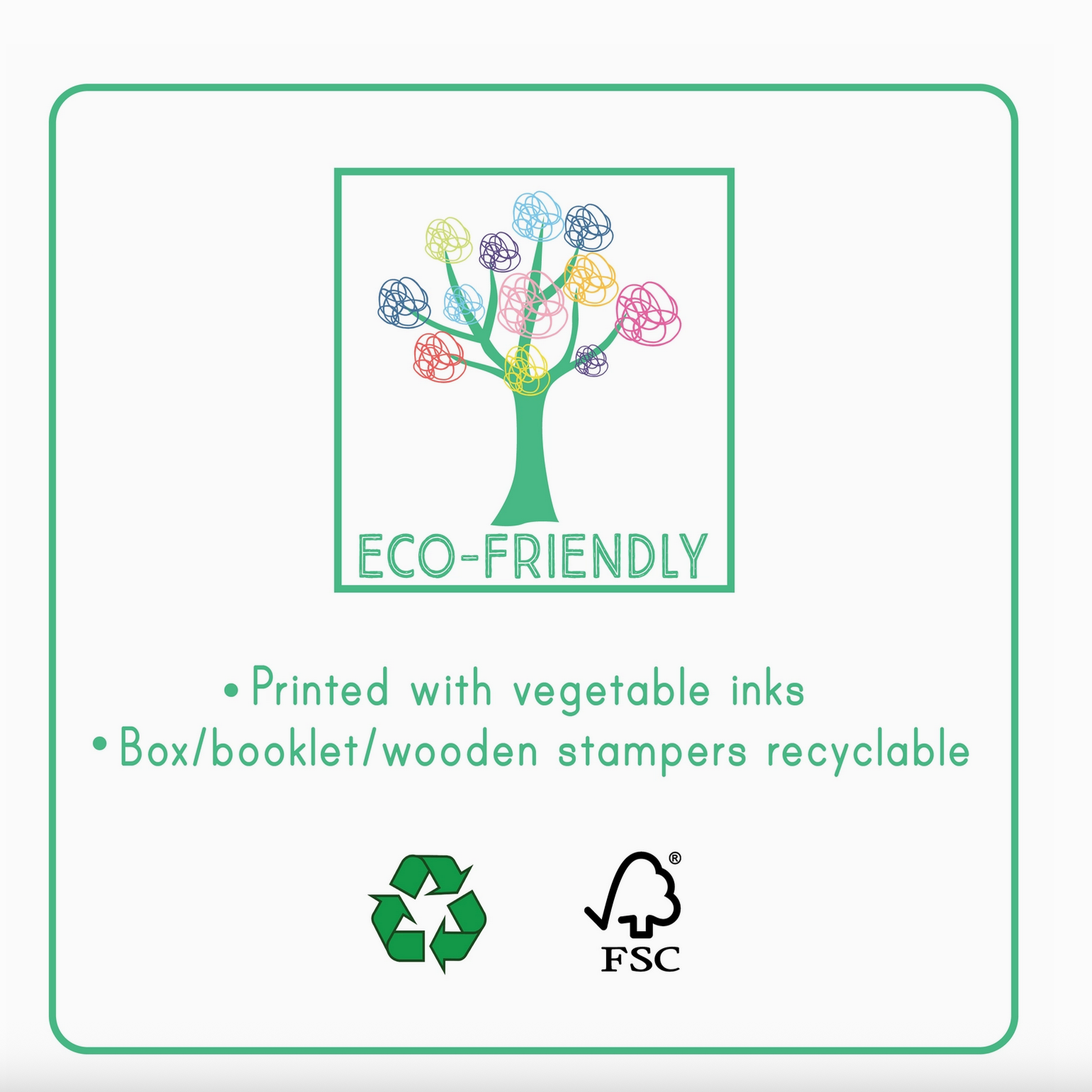 Eco-friendly product label with tree graphic, recycling symbols, and text on a white background