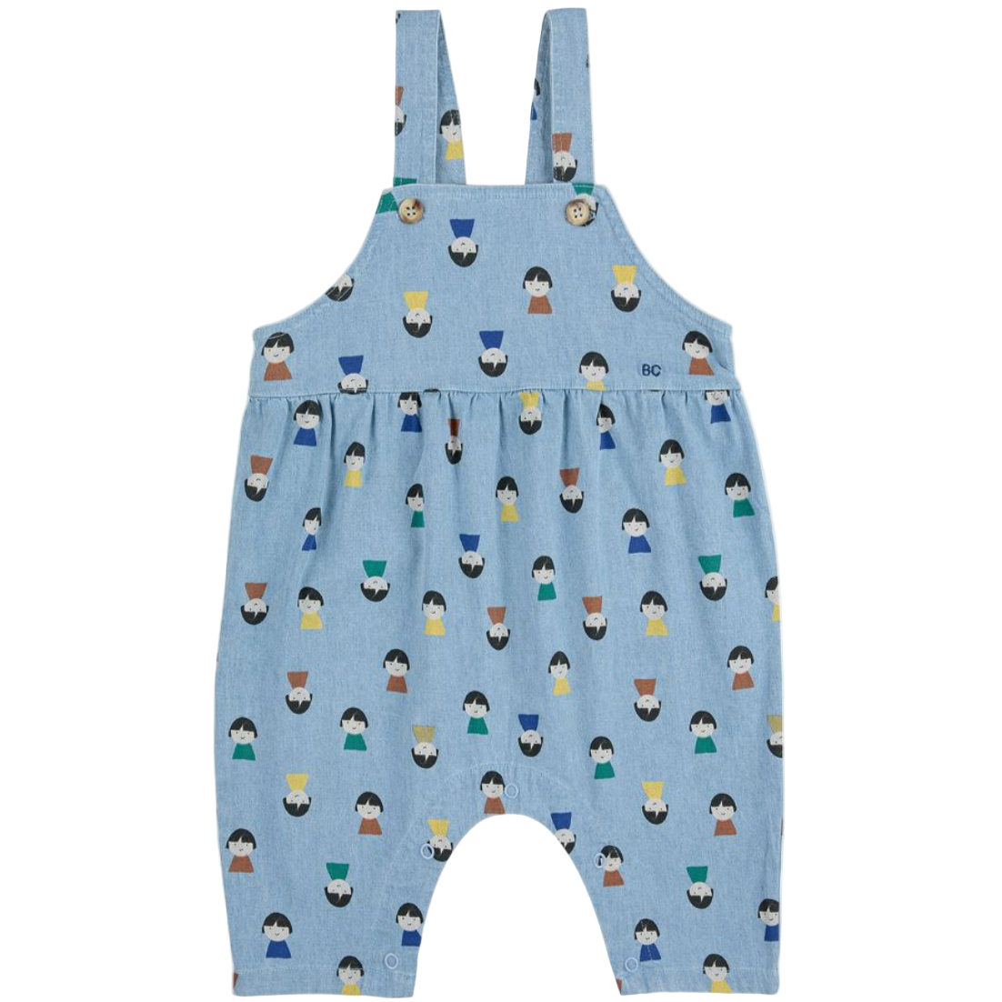 Blue children's overalls with a pattern of small figures on a white background - Little-ish