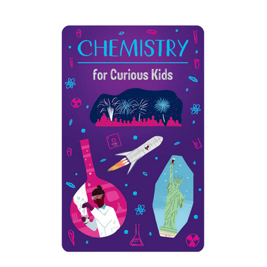 Book cover titled 'Chemistry for Curious Kids' with illustrations on a purple background