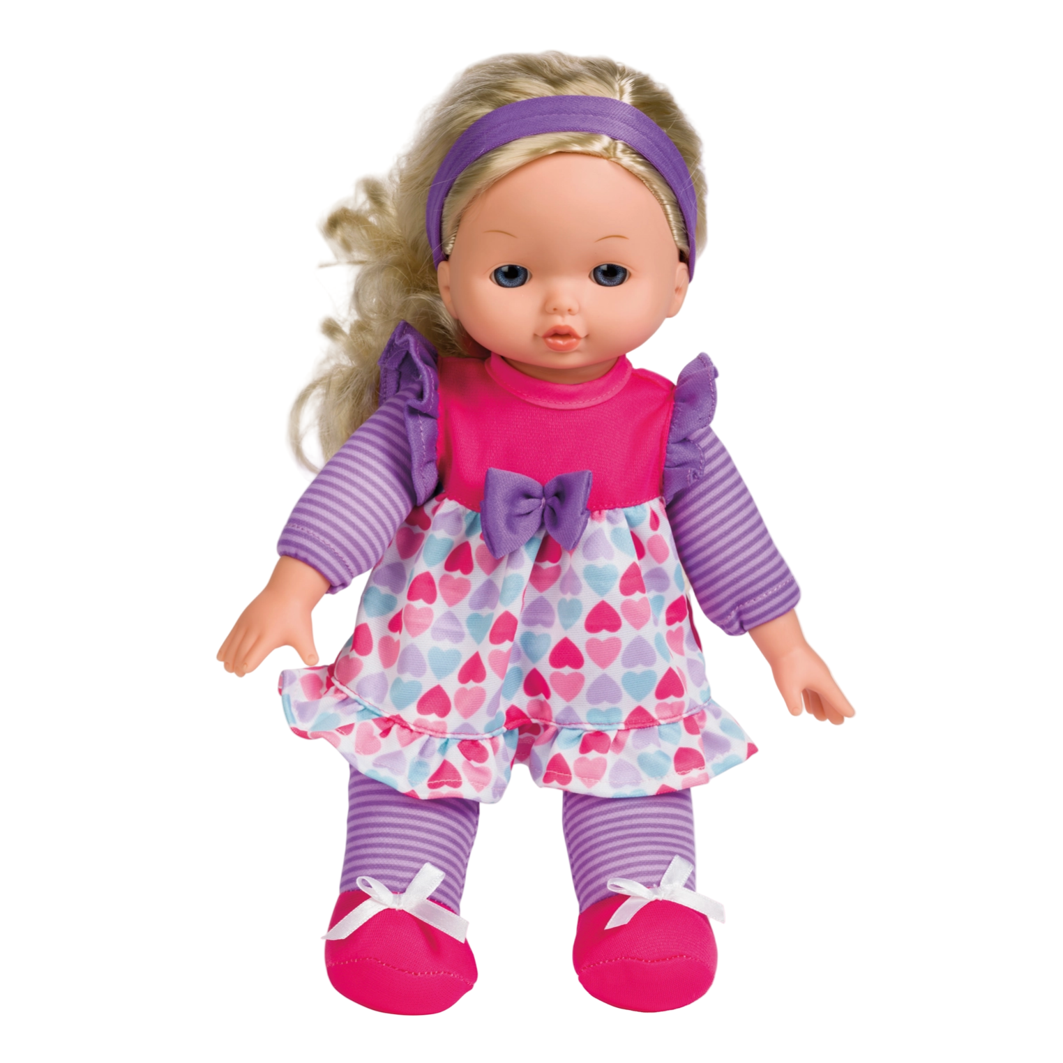 Doll wearing a pink and purple outfit with a heart-patterned skirt on a white background - Little-ish