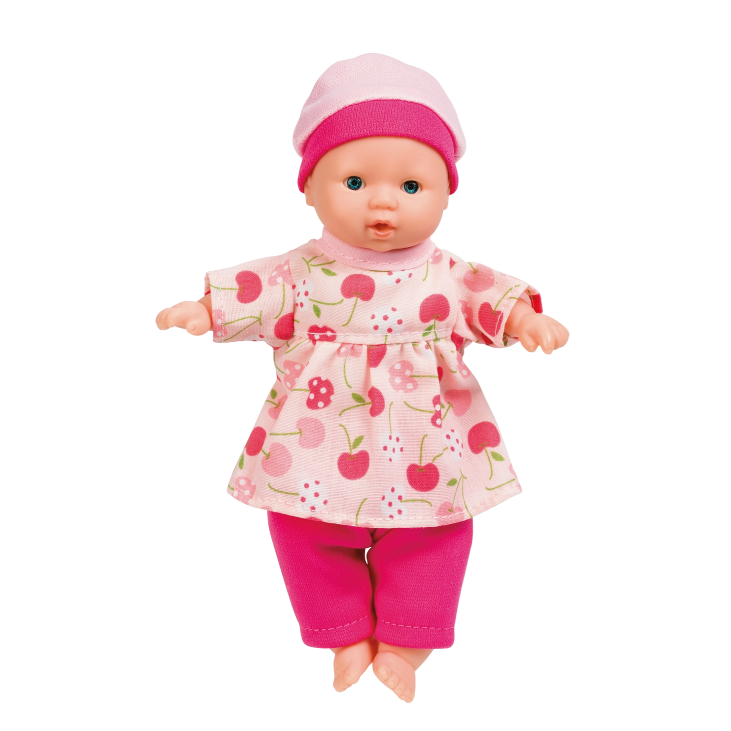 Doll wearing a pink outfit with a floral pattern on a white background - Little-ish