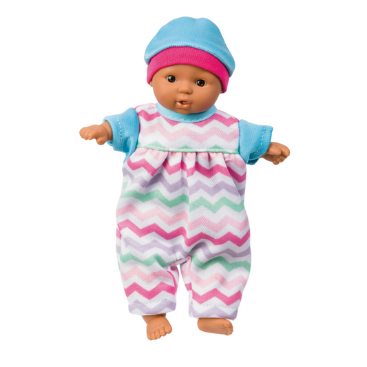 Baby doll wearing a colorful outfit with a pink and blue hat on a white background