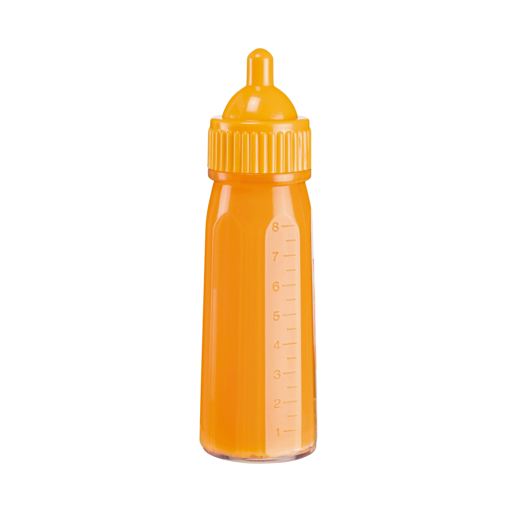 Orange baby bottle with measurement markings on a white background