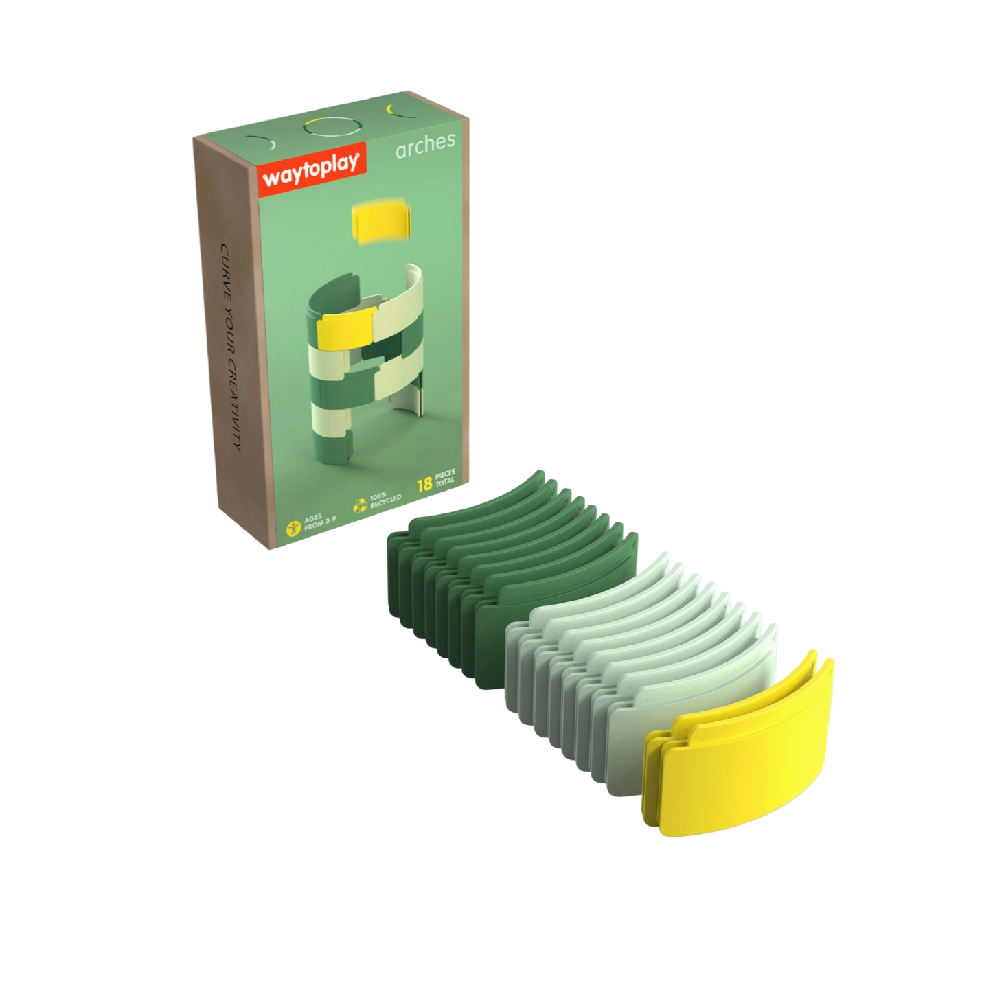 Green and yellow modular furniture set with packaging on a light gray background - Little-ish