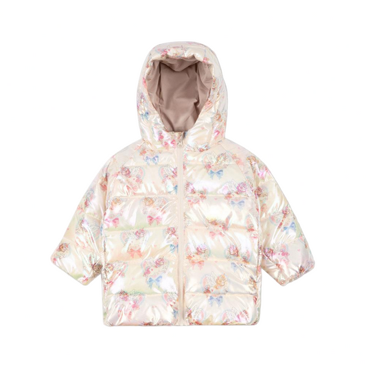 Floral-patterned puffer jacket on a white background