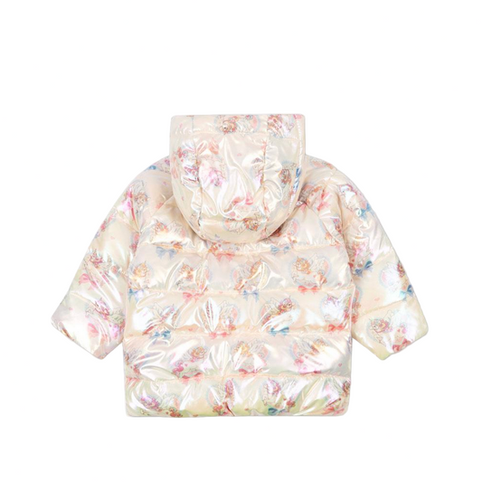 Floral-patterned puffer jacket on a white background